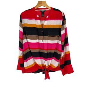 Ali Miles Striped Blouse top Tie botton Long Sleeves Womens size Large